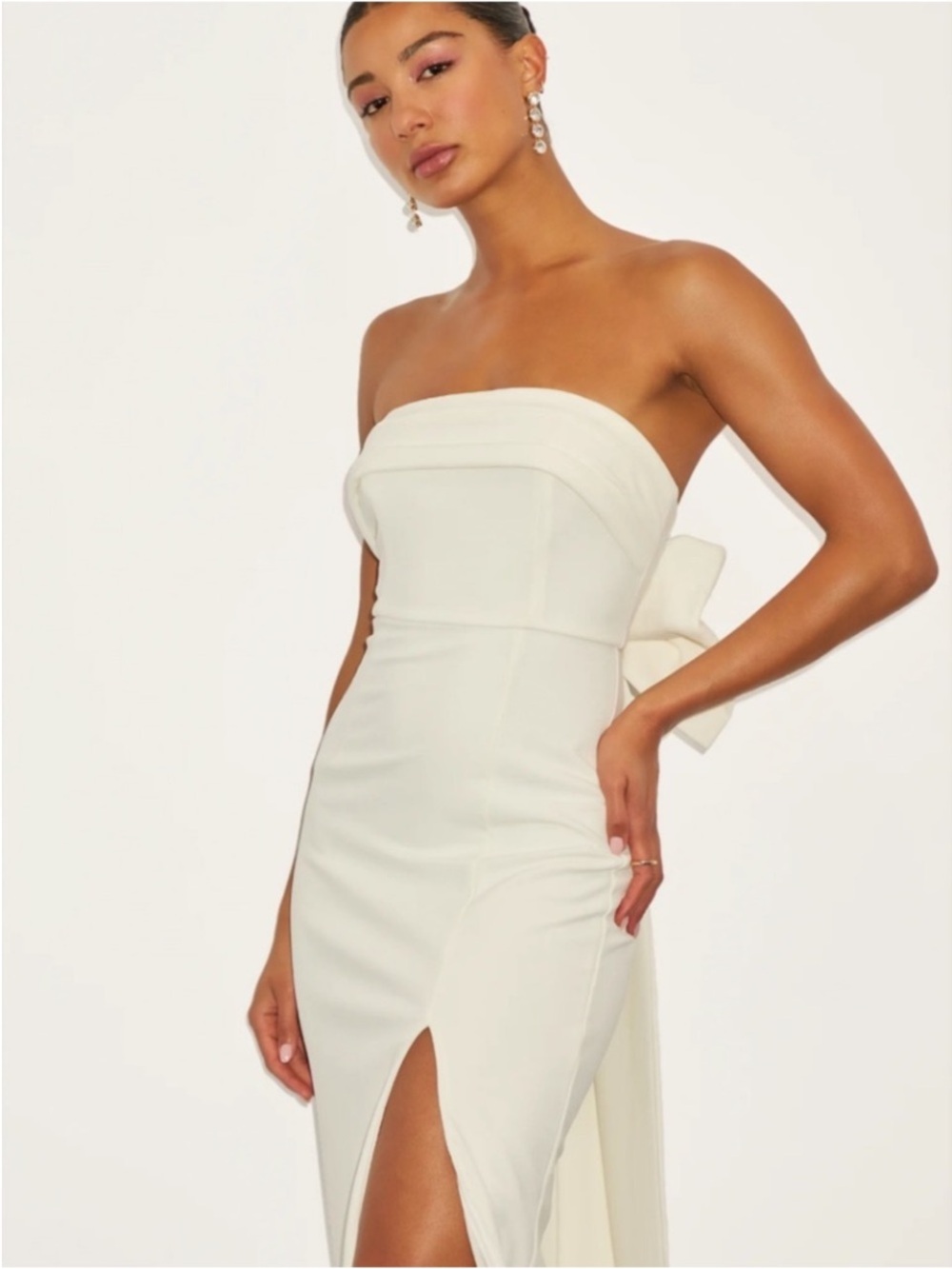New Lulus Fabulous Phenomenon  Strapless White Midi Gown with Bow Sz Small - Picture 3 of 9